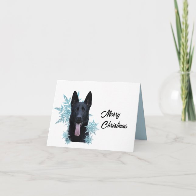 Black German Shepherd in the Snowflakes  Holiday Card (Front)