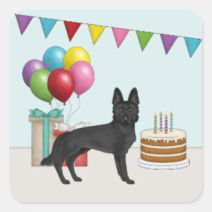 Black German Shepherd With Cake Colourful Birthday Square Sticker
