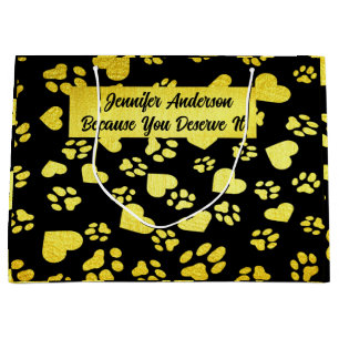 Black Gift Bag with Golden Paw Prints Custom Name