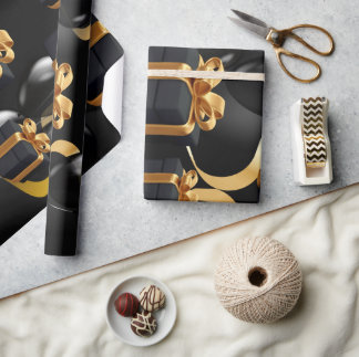 Black Gift Box, and Gold Bow Matte Wrapping Paper