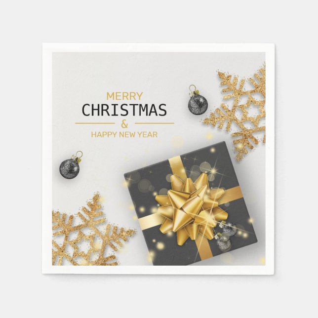 Black Gift Box Christmas Balls Gold Snowflakes Napkin (Front)