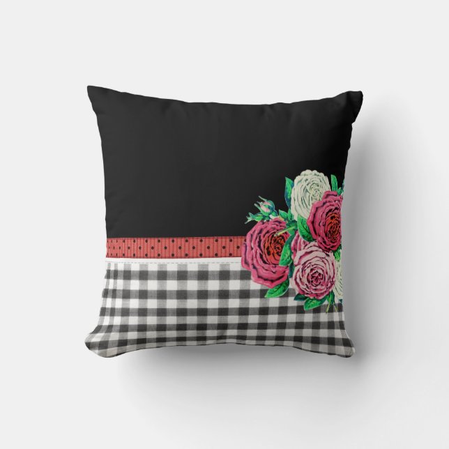 Black Gingham and flowers Throw Pillow (Front)