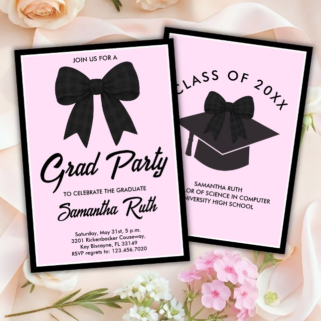 Black Gingham Bow Graduation Party Invitation (Creator Uploaded)