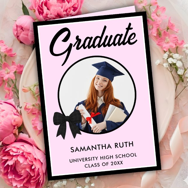 Black Gingham Bow Photo Graduation Card (Creator Uploaded)