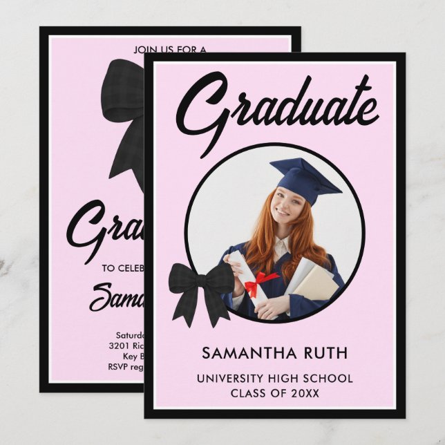 Black Gingham Bow Photo Graduation Invitation (Front/Back)