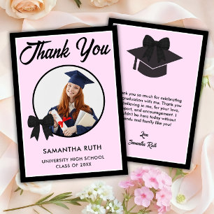 Black Gingham Bow Photo Graduation Thank You Card