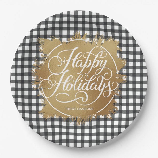 Black Gingham Check Gold Faux Foil Holiday Paper Plate (Front)