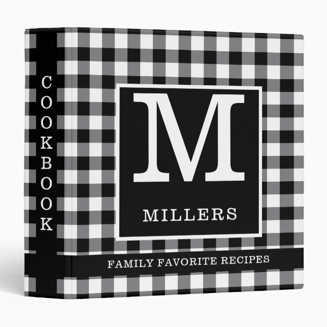 Black Gingham Family Name Monogram Cookbook Recipe Binder (Front/Spine)