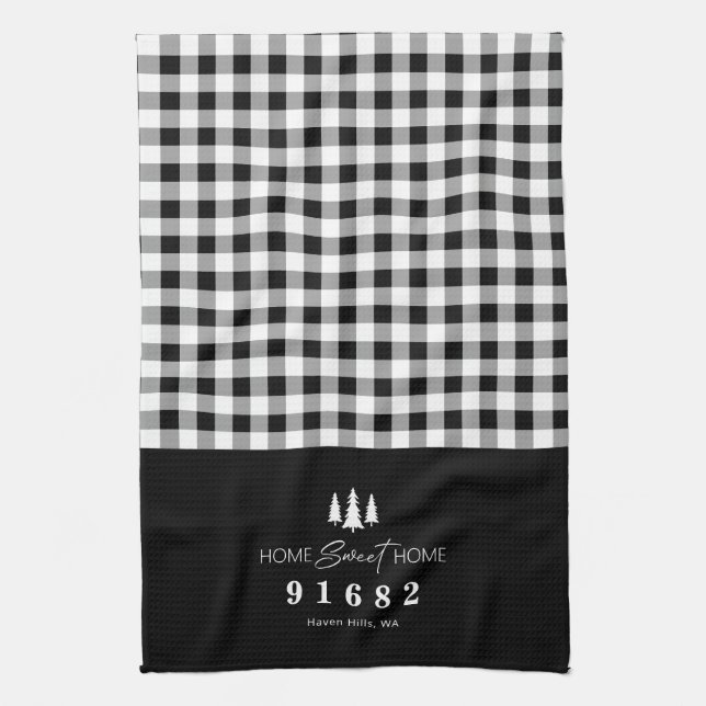 Black Gingham Home Sweet Home Custom Zip Code  Kitchen Towel (Vertical)