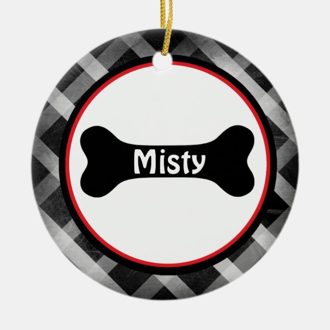 Black Gingham Large Black Dog Bone Ornament (Front)
