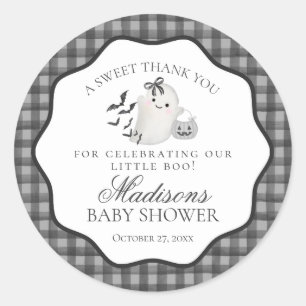 Black Gingham Little Boo Ghost Baby Shower Favour Classic Round Sticker