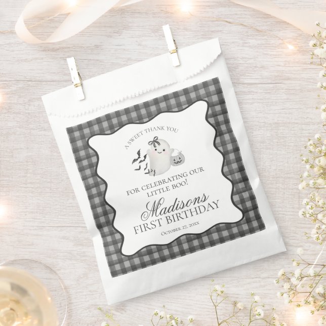 Black Gingham Little Boo Ghost Birthday Dessert Favour Bag (Clipped)