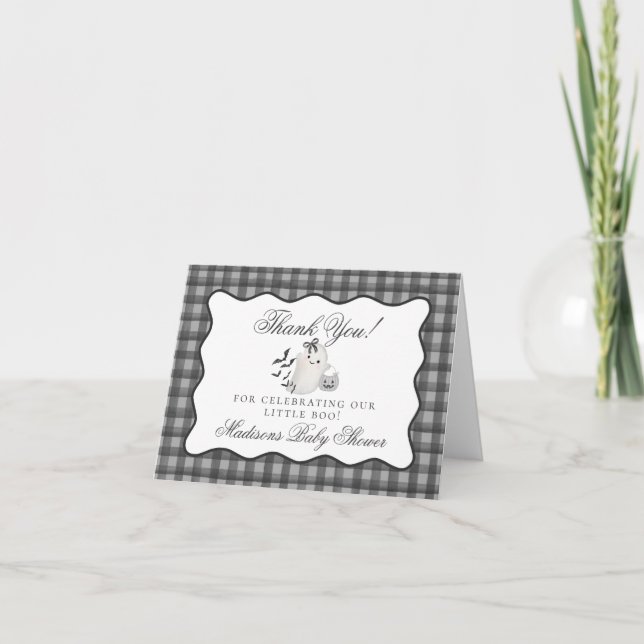 Black Gingham Little Boo Ghost Thank You Card (Front)