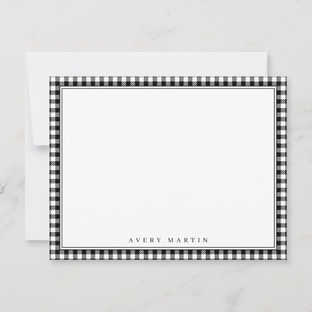 Black gingham pattern personalized Stationery Card (Front)