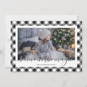 Black Gingham Plaid Believe In the Magic Photo Holiday Card