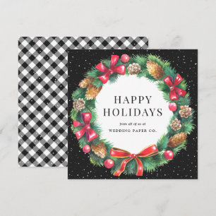 Black Gingham Plaid Holly Berries Wreath Business Holiday Card