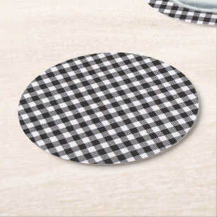 Black Gingham Round Paper Coaster