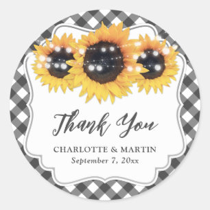 Black Gingham Rustic Sunflower Floral Thank You Classic Round Sticker