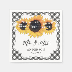 Black Gingham Rustic Sunflower Floral Wedding Napkin