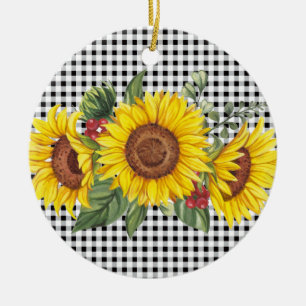 Black Gingham Sunflower Custom Party Favour Ceramic Ornament