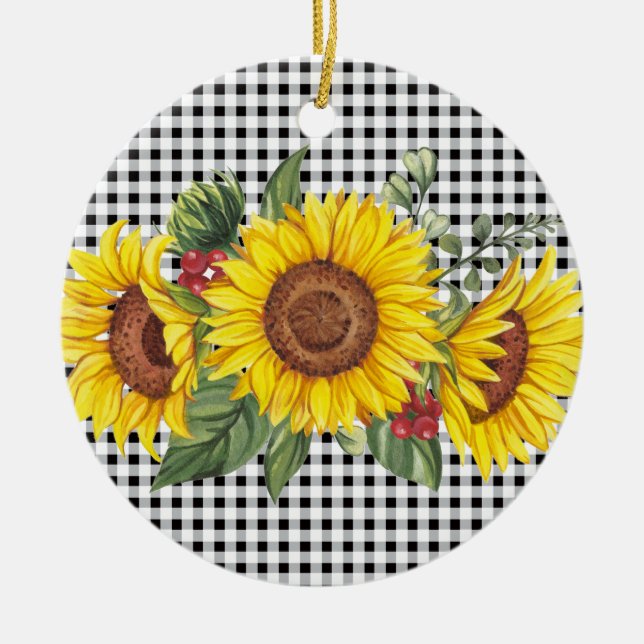 Black Gingham Sunflower Custom Party Favour  Ceramic Ornament (Front)