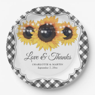 Black Gingham Sunflower Love and Thanks Wedding Paper Plate