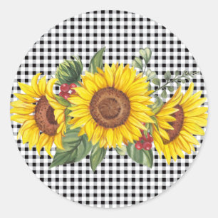 Black Gingham Sunflower Party Favour Classic Round Sticker