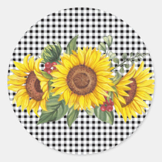 Black Gingham Sunflower Party Favour  Classic Round Sticker