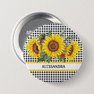 Black Gingham Sunflower Party Name Tag Button