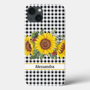 Black Gingham Sunflower Personalized iPhone 13 Case