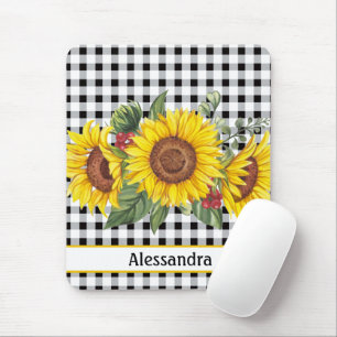 Black Gingham Sunflower Personalized  Mouse Pad