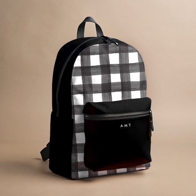 Black Gingham Watercolor Personalized Name Initial Printed Backpack (Black and white watercolor gingham personalized school backpack.)