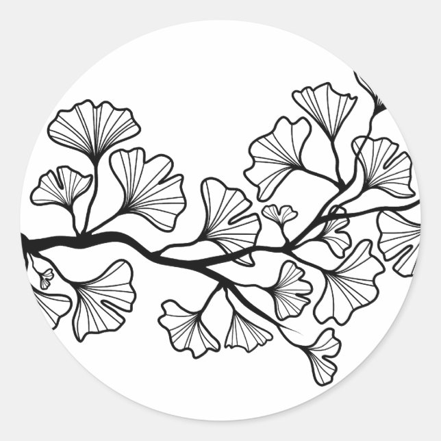 black ginkgo tree with leaves classic round sticker (Front)