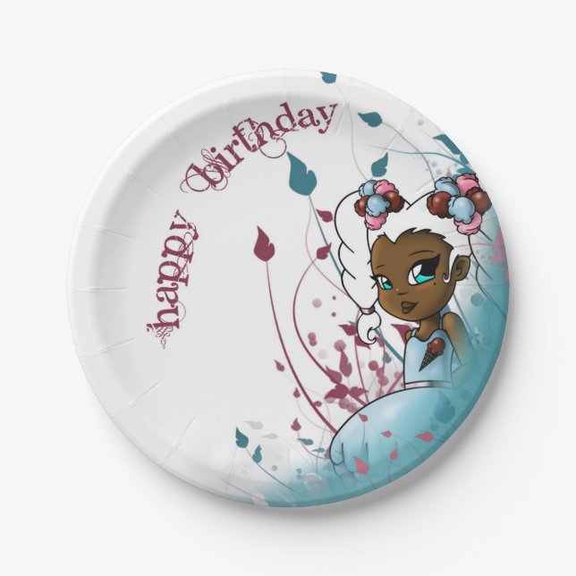Black Girl and Ice Cream Birthday Paper Plate (Front)