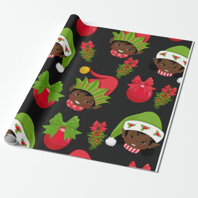 Black Girl Elf Christmas Wrapping Paper, Wrapping Paper (Unrolled)