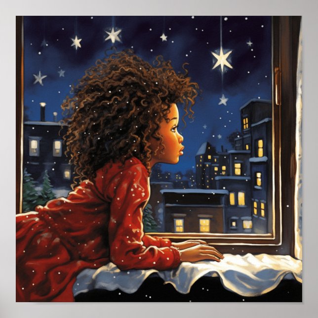 Black Girl Looking At The Night Sky for Santa  Poster (Front)