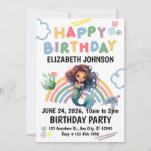Black Girl Mermaid Birthday Invitation in White 