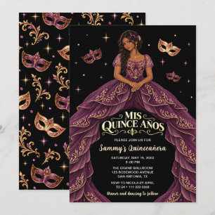 Black Girl Purple Gold Masquerade Quinceañera Invitation