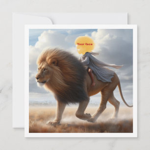 Black girl riding a lion, put my face in the card