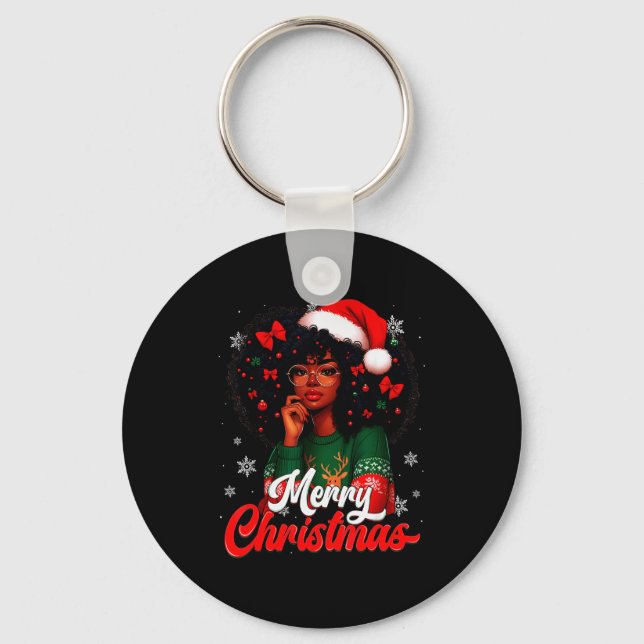 Black Girl Santa Hat Merry Christmas Pajama Africa Keychain (Front)