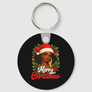 Black Girl Santa Hat Merry Christmas Pajama Africa Keychain