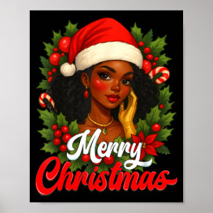 Black Girl Santa Hat Merry Christmas Pajama Africa Poster