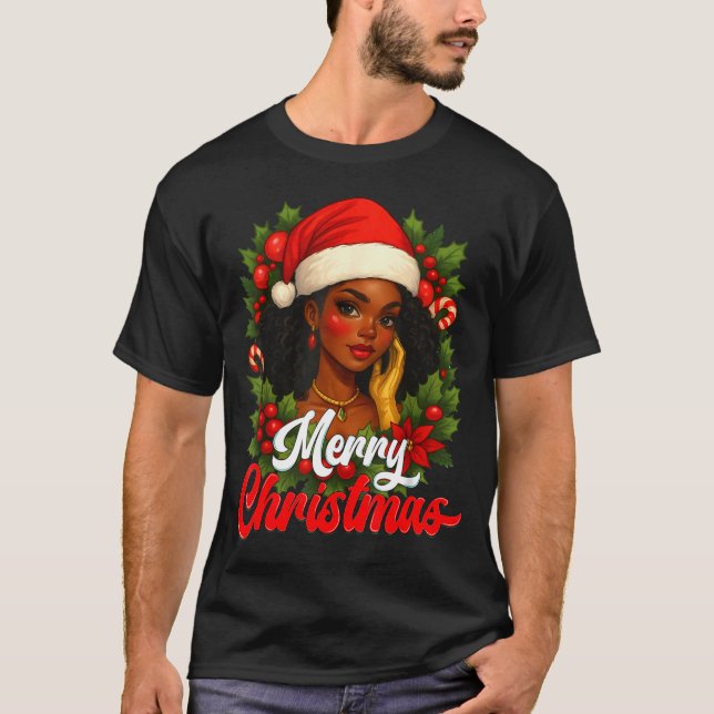 Black Girl Santa Hat Merry Christmas Pajama Africa T-Shirt (Front)
