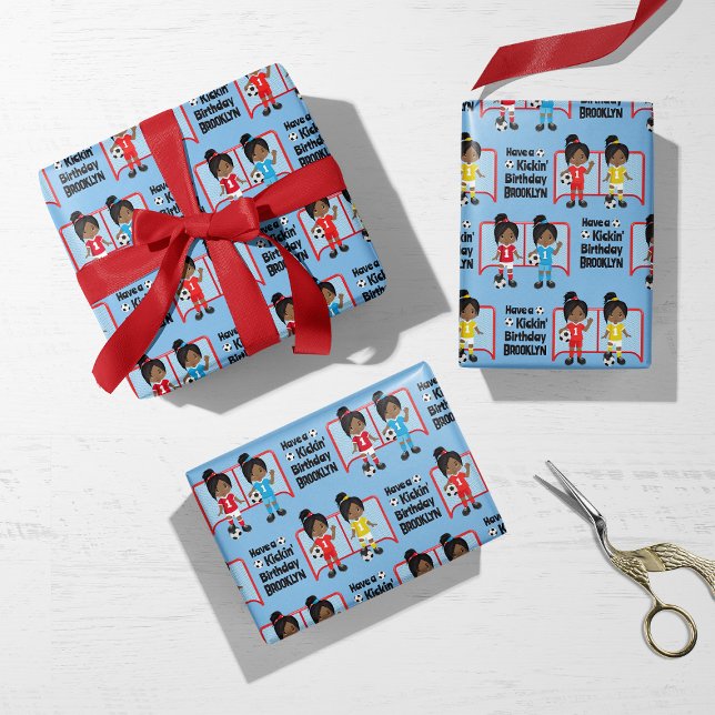 Black Girl Soccer Personalized Wrapping Paper Sheet (Creator Uploaded)