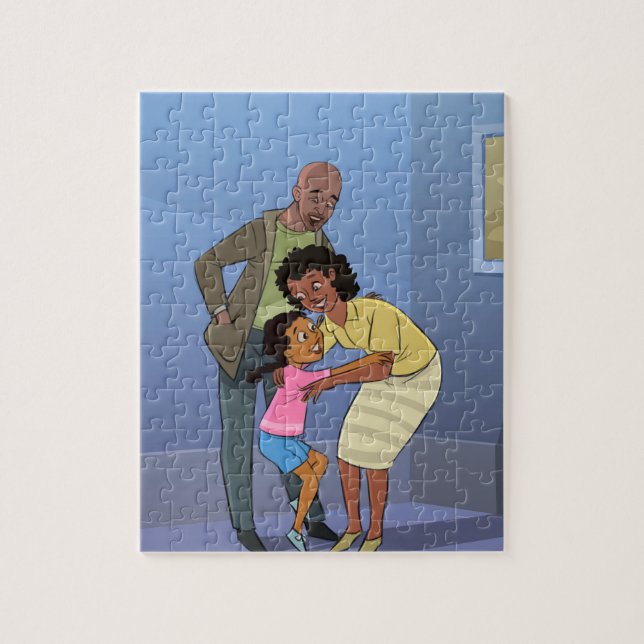 Black Girl with Mum and Dad Cartoon Jigsaw Puzzle (Vertical)
