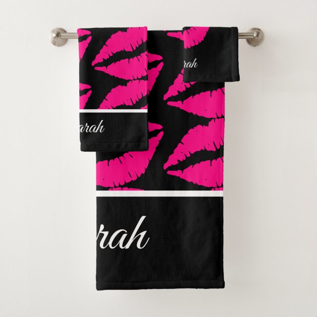 Black Girly Pink Lipstick Monogram Name Bathroom Bath Towel Set (Insitu)