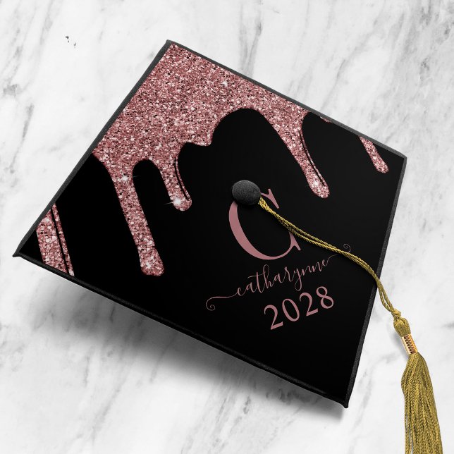 Black Girly Rose Gold Glitter Drips Monogram Graduation Cap Topper (Creator Uploaded)