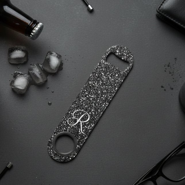 Black Glam Glitter Look Monogram Stylish Bar Key (Creator Uploaded)