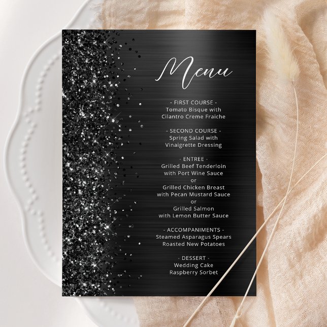 Black Glam Glitter Script Wedding Menu (Creator Uploaded)