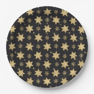 Black Glam Glitter Stars Holiday Paper Plate